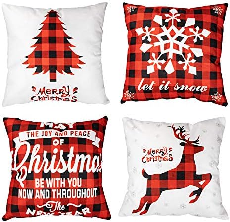 SoFire 4 Pack Square Cotton Linen Buffalo Plaids Christmas Throw Pillow Cover Cushion Case for Sofa Car Home Office, 18 x 18 in