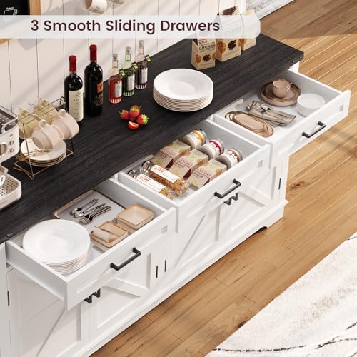 FIONESO 61" W Buffet Cabinet with 3 Large Drawers & 2 Adjustable Shelves, Farmhouse Sideboard Cabinet, Coffee Bar, TV Stand, for Kitchen, Living Room, White,40×155×80CM