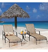 LOKATSE HOME Outdoor Patio Adjustable Metal Chaise Lounge Chair Recliner Set of 2 with 1 Glass To...