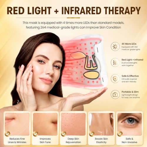 Red Led Spectrum Mask Red Light for Face and Neck Set, 850nm and Red Light 630nm, 460nm 530nm 4 Gears Energy Adjustment, White