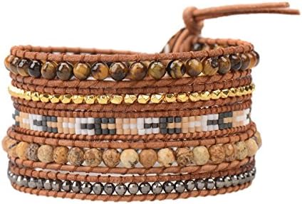 Hand Woven Boho Mixed Bead 5 Wrap Bracelet on Genuine Leather