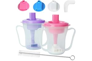 Ehucon Dysphagia Cup for Adults with 5cc, 10cc & 15cc Flow Control - Choke Proof Drinking Cup with Dual Handles for Elderly, Stroke, Dementia & Parkinson (Pink & Purple, Pack of 2 PCS)