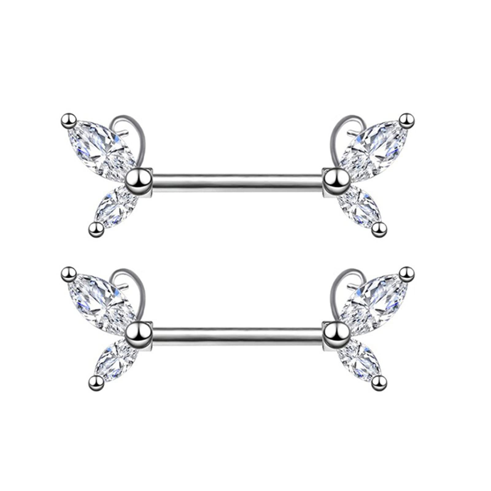 BODYA 2Pcs 1 Pair Stainless Steel Nipple Rings Nipple Nails with Cute Double Cubic Zirconia Butterfly Wing Bar Straight Barbell Body Piercing Jewelry for Women Girls