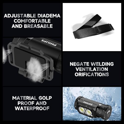 PHILIPS SFL3255 Lampara de Cabeza Recargable LED, 1500 Lúmenes con imán, Linterna Multifunción de 6 Modos, Frontal USB, Resistente al Agua, Headlamp Ideal Para Campismo, Pesca y Senderismo