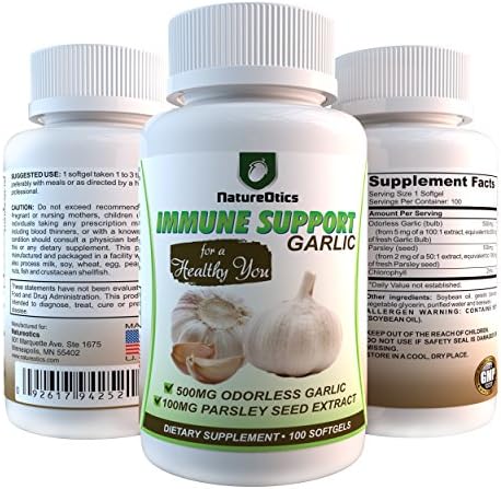 Garlic Supplement, Allium Sativum, Odorless, Tasteless, Organic with Parsley Petroselinum Crispum Seed, Immune Booster, Cardiovascular Health, Antioxidant, Blood Pressure Support,100 Soft gels GMP USA