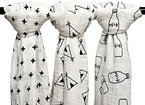 Final Home 3 Pack Baby Muslin Baby Swaddle Wrap Blankets, 47x47 inches Organic Cotton Muslin Receiving Blanket for Unisex Shower Gift (Cross &amp; Teepee &amp; Milk Bottle)