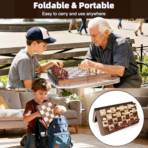 Wooden Chess Board, 2 in 1 Magnetic Chess Board, 39 x 39 cm, Professional Folding Portable Chess Board and Magnetic Checkerboard with Storage Bag, Checkers for Children and Adults Parties