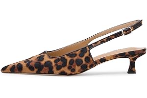 KISSASA Leopard Heels Slingback Kitten Heel Pumps Sexy Closed Pointed Toe Low Heel Office Dress Shoes Women Leopard Size 6