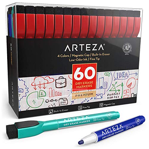 Arteza Dry Erase Markers with Eraser, Pack of 60, Fine Tip, 4