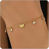 Dabovos Gold Bracelet for Women 18K Gold Plated Diamond Charm Bracelets Dainty Star Flower Shell Dragonfly Dolphin Bracelet Cute CZ Charm Everyday Summer Beach Jewelry