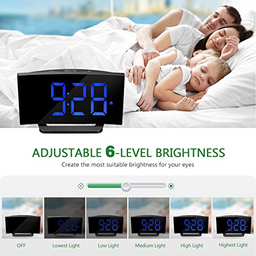 Digital Alarm Clock, Atmoko 5'' LED Display Clock with Curved-screen and Dimmer, Snooze Function, 3 Adjustable Alarm Sounds, Bedside Alarm Clock for Bedroom, Kitchen, Office-Blue