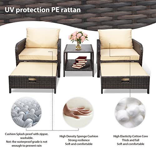 LeveLeve 5 Piece Patio Conversation Set, PE Wicker Rattan Outdoor Lounge Chairs with Soft Cushions 2 Ottoman&Glass Table for Porch,Pool Balcony, Lawn-Brown Wicker (Sand)