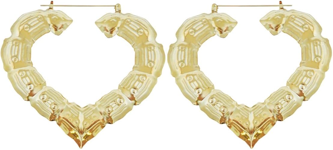 3 X 3.5" Bamboo Heart Hoop Earrings, Door Knockers, New