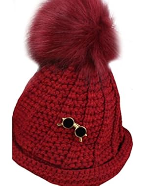 Sweet Soft Skully Hat With Fur Ball and Mini Glasses Wool Knitted BabyHats Beanie Winter Ear Warm Headwrap (Red...