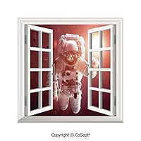 SCOXIXI Creative Window View Wall Decor,Pet Cat in Outer Space Planet Meteors Galaxy with Astronaut Suit Image,Window Stickers Have Beautiful Scenery(25.86x22.63 inch)