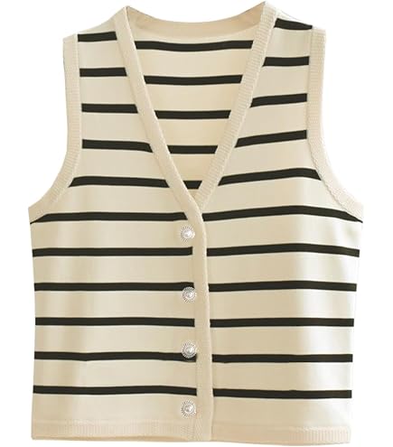 GORGLITTER Women's Striped Button Down Knit Vest - Cropped Crew Neck Sleeveless Sweater Vest