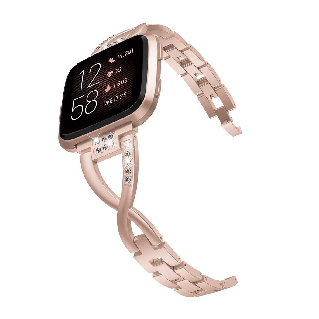Wearlizer Strap for Fitbit Versa - Metal Rhinestone Band, No Tool Needed (Versa 2 Copper Rose)