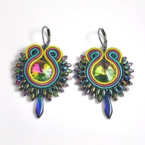 Multicolor soutache earrings, casual earrings with colorful glass crystals, handmade earrings