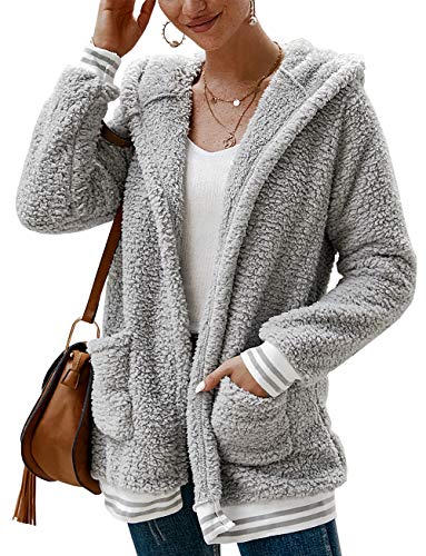 BTFBM Women Fleece Hooded - Open Front Long Sleeve Fuzzy Sherpa Loose Warm Winter Two Pockets Coat Jacket Outwear (Light Grey, Medium)