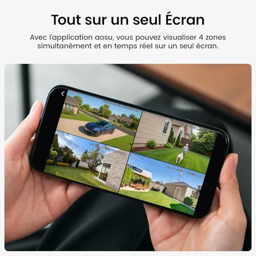 AOSU 2K Wireless Outdoor Surveillance Camera, Base+ 4 Cam, 32GB Local Storage, 3MP WiFi Solar Camera with Battery, Integrated Solar Panel, Night Vision Colour and Motion Detector