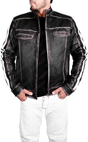 Abbracci Vendetta Men's Black Leather Jacket RE6 Genuine Leon Distress S Kennedy Costume (S, Black)