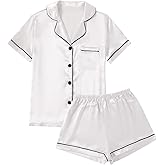 LYANER Women's Satin Pajamas Set Short Sleeve Button Shirt Silky Sleepwear with Shorts Set PJ