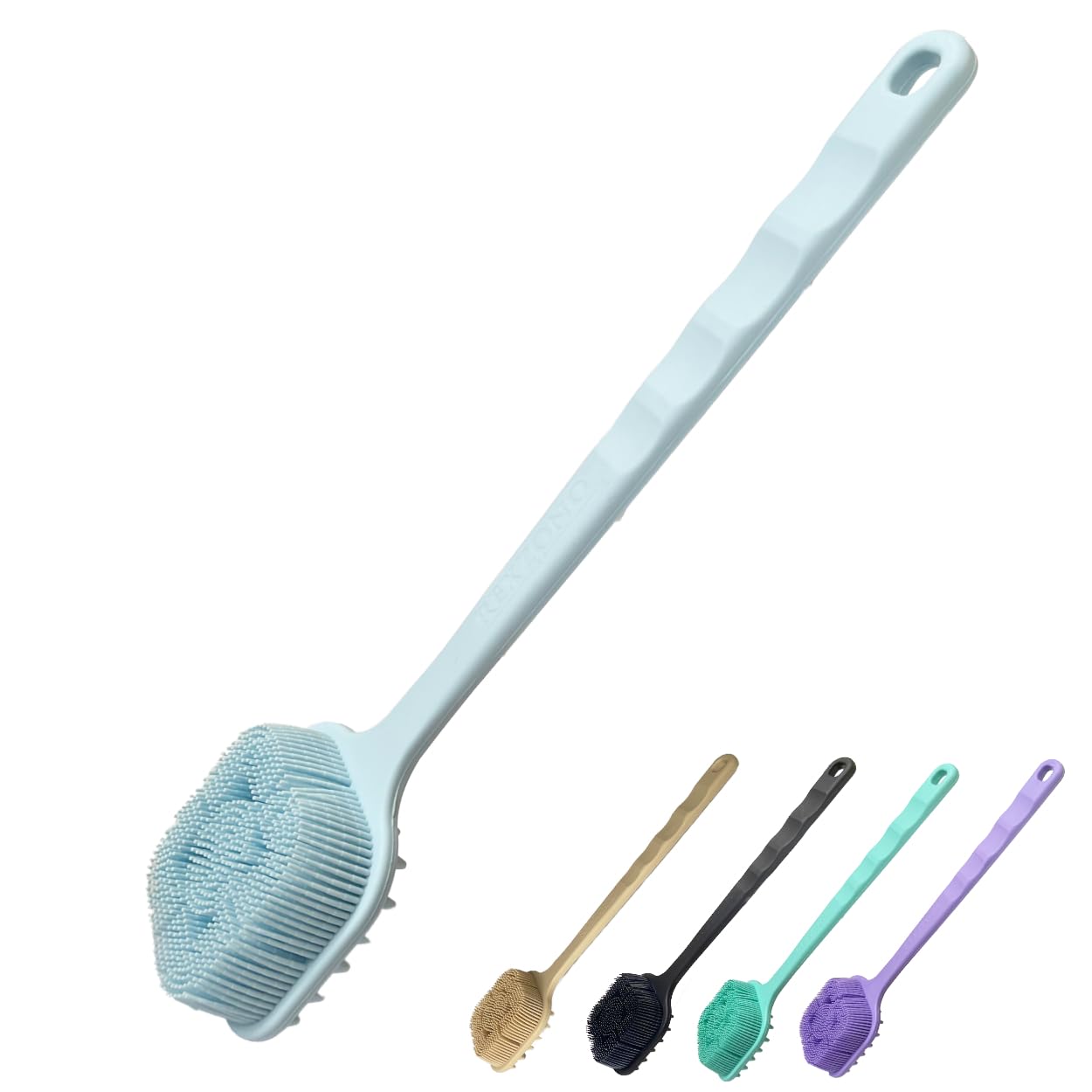 Rexzono® Double Sided Silicone Back Scrubber, Long Handle Exfoliating Body Bath Brush, Loofah for Shower, Gentle Cleansing Scrub for Women and Men, Easy to Clean and Lather