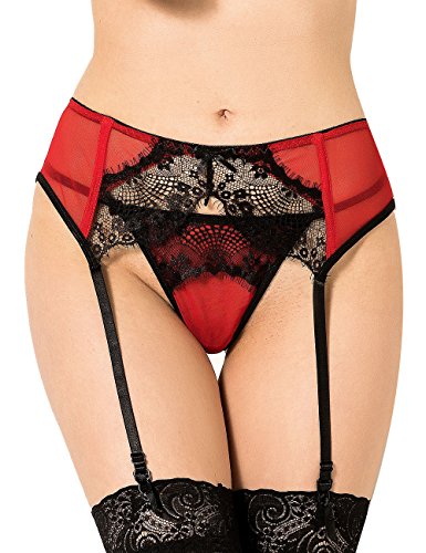 Slocyclub Women Effortlessly Romantic Lace Suspender Garter Belt -With Stocking,Red,XL(US 6-8)