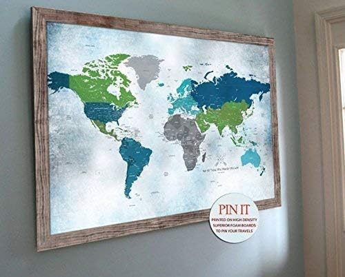 World Map, Push Pin Map, Personalized, Framed