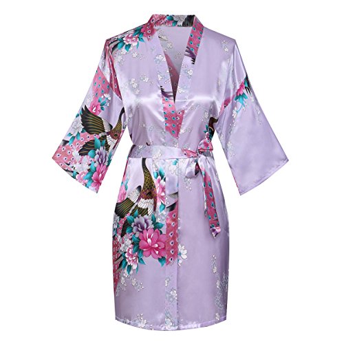 Yukata Women's Short Kimono Robe, Peacock&Blossom Design, Lavender XL