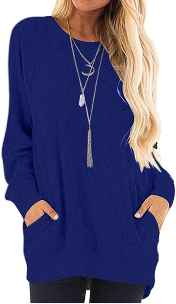 URIBAKE Womens Long Sleeve Pullover Round Neck Casual Solid Color T Shirts Tops with Pocket Tops