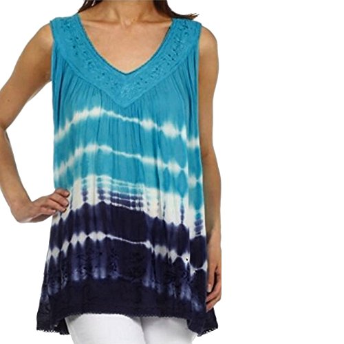 Flank Women Fashion New Casual Sleeveless V-Neck Plus Size Lace Print T-Shirt Vest (S, Blue)