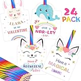 Valentines Day Cards for Kids - Set of 24 Rainbow Pencils Unicorn Valentines - Class Party Favors Valentine day cards Exchange Bulk for Girls Boys School Classroom Supplies