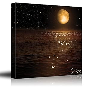 Gold Moon and Bright Stars Illuminating The Ocean at Night - Canvas Art Home Art - 12x12 inches