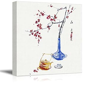 Square Canvas Wall Art - Watercolor Style Chinese Painting of Red Plum Blossom and Teapots - Giclee Print Gallery Wrap Modern Home Art Ready to Hang - 12x12 inches