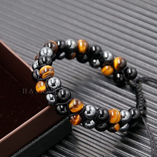 HASKARE Triple Protection Bracelet, Genuine Tigers Eye Black Obsidian