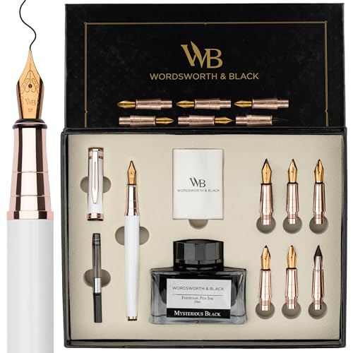 Wordsworth & Black Calligraphy Pen Gift Set, Includes Ink Bottle, 6 Ink Cartridges, Ink Refill Converter, 6 Refill Tips, Premium Pack, Daily [White Rose Gold]