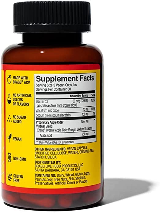 Bragg Apple Cider Vinegar Capsules Vitamin D3 & Zinc 750mg of