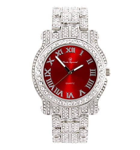 Bling-ed Out Ultimate Hip Hop Royalty Mens Watch w/Easy Reader Roman Numeral or Iced Out Diamond Time Indicators,Bright Colored Dials,L0504, Silver Blood Red, mens, L0504 (L0504RN Silver Blood Red)