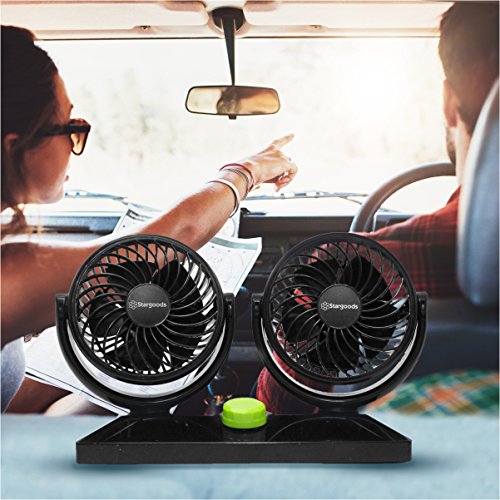Car Fan Dual Head 360 Degree Rotation, Variable Speed 12V Auto Air Cooling