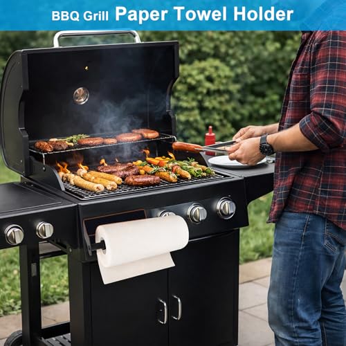 Magnetic Kitchen Roll Holder with Buffer Effect, One Hand Operation, Self Adhesive and No Drilling, Aluminum Alloy Kitchen Roll Holder for Kitchen, Refrigerator, Oven, Caravan, Garage (Black)