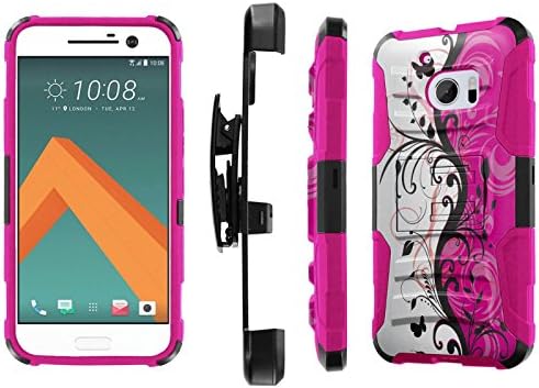 HTC 10 Case, [NakedShield] [Black/ Hot Pink] Heavy Duty Holster Armor Tough Case + [Screen Protector] - [Hot Pink Swirl] for HTC One M10 / HTC 10