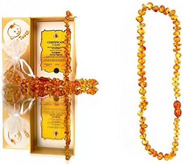 Baltic Amber Teething Necklace for Maximum Pain Relief and Reduced Drooling. Non Toxic Safe to Chew On. Made in Poland 100% Natural and Authentic. (First Tooth -Honey)