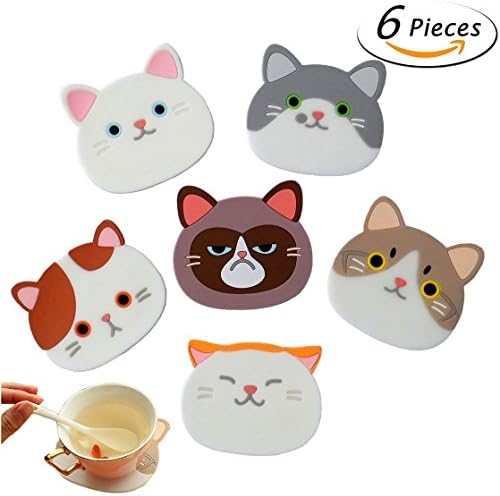 Cats Coaster,FTUNG 6 Pcs Silicone Cat Pot Holders Insulated Heat-Resistant Non-Slip Trivet Mat Cup Pad Coasters for Wine,Glass,Tea,Coffee - Best Housewarming Beverage,Drink,Beer,Home Kitchen Decor