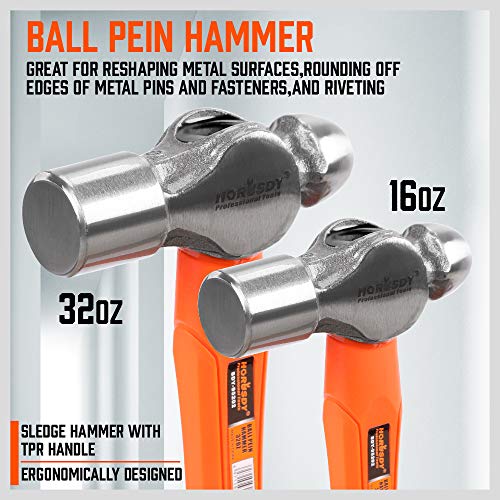HORUSDY 5Piece Hammer Set, 16oz Ball Pain Hammer 32oz Ball Pain Hammer 32oz Rubber Mallet