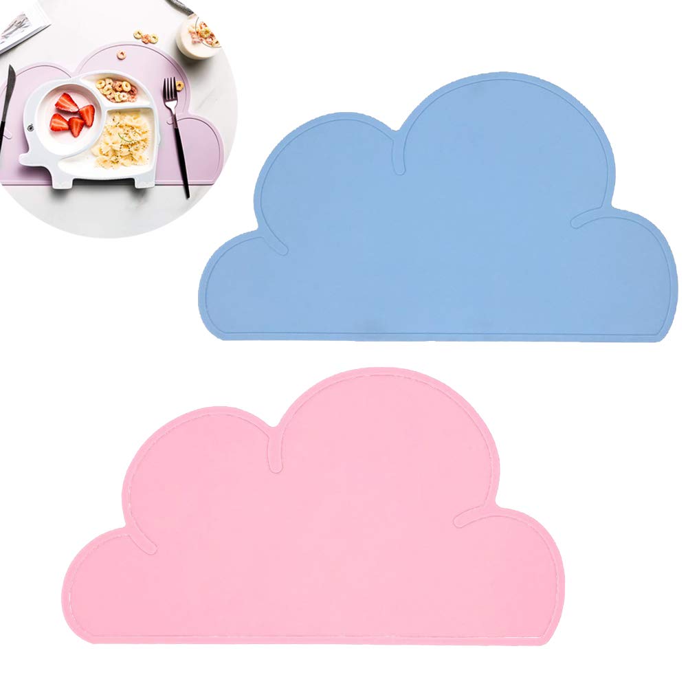 BETOY Kids Placemats, 2PCS Silicone Childrens Placemat Kids Placemats Cloud Shape Non Slip Foldable Portable Heat Resistant Kids Tableware for Toddlers Infant - Pink, Blue