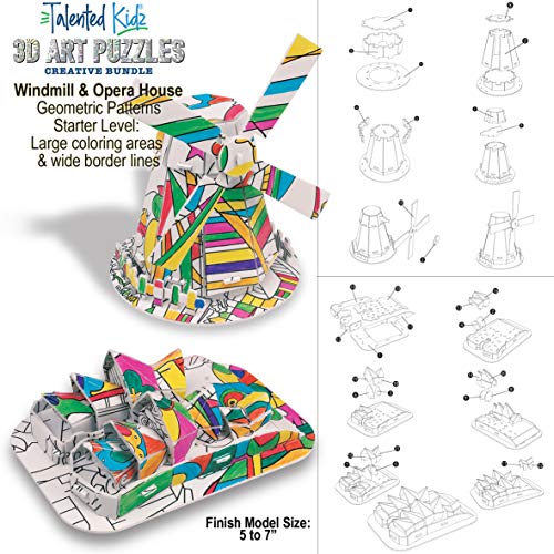 10PACK 3D Coloring Puzzle Large Architect Models 10 3D Puzzles + 48 Gel Pens by Talented Kidz