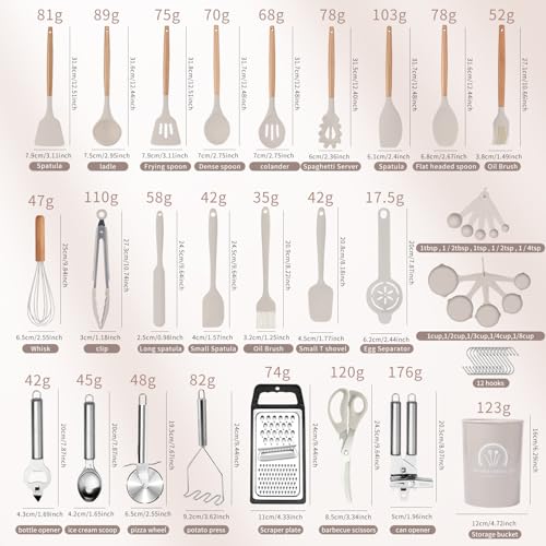 ARCHAEOPTERYX Kitchen Cooking Utensils Set, 46 pcs Non-Stick Silicone Cooking Kitchen Utensils Spatula Set with Holder, Wooden Handle Silicone Kitchen Heat Resistant Gadgets Utensil Set (Khaki)