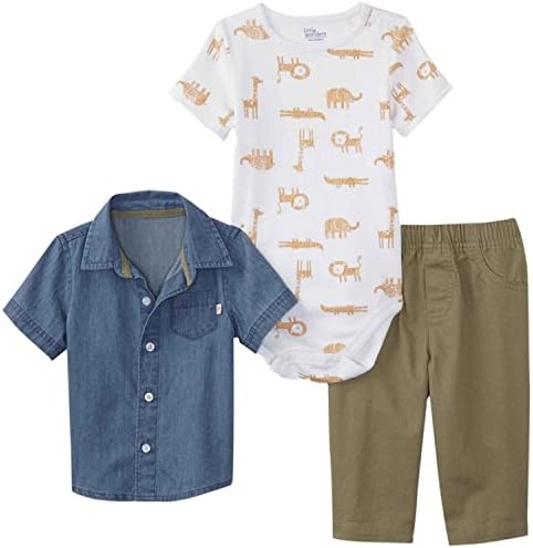 Infant Boys 3-Piece Chambray Shirt Safari Bodysuit &amp; Khaki Pants Set 3-6m