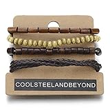Mix of 4 Brown Wrap Bracelets for Men and Women, Multi-strand Wood Beads Leather Wristbands